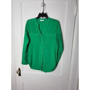 Calvin Klein Bright Kelly Green Button Down Relaxed Fit Blouse Top Women's Small